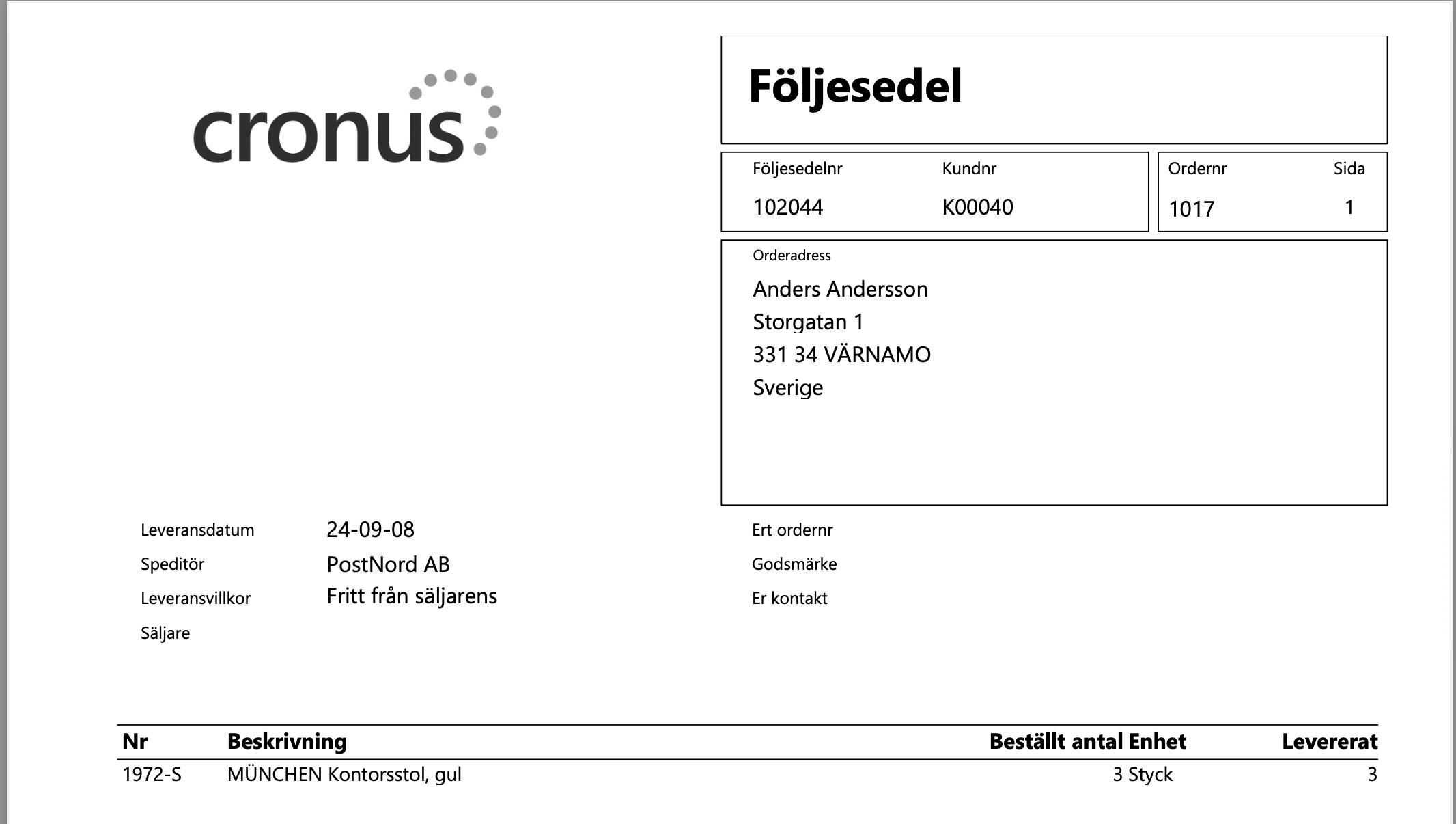 Busniess Central Postnord - Följesedel